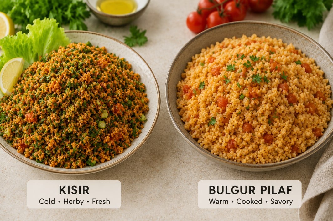 Cold herby kisir compared with warm Turkish bulgur pilaf