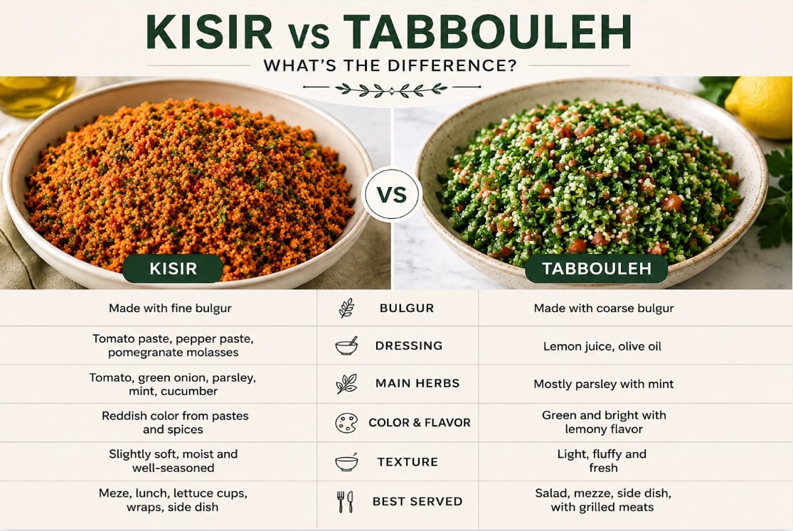 Turkish kisir compared with parsley-heavy tabbouleh