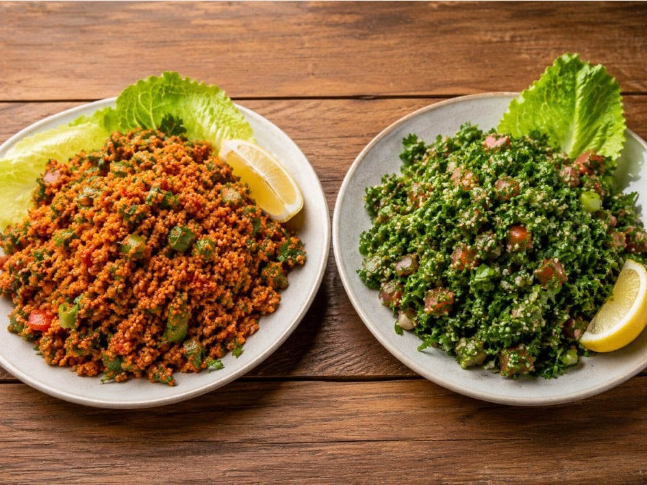 Turkish kisir compared with green parsley-heavy tabbouleh