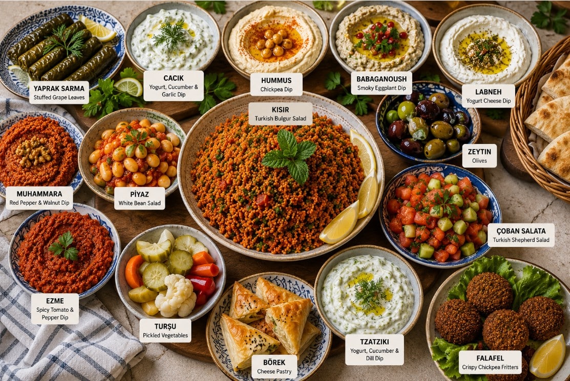 Kisir served with Turkish mezze, mercimek kofte, borek, cacik and ayran