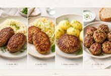 Collage comparing Russian kotleti, Ukrainian kotlety, Polish kotlety mielone and Romanian chiftele