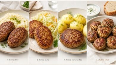 Collage comparing Russian kotleti, Ukrainian kotlety, Polish kotlety mielone and Romanian chiftele