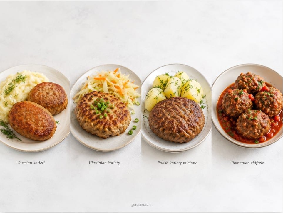 Kotlet, kotleta, kotlety and kotleti shown as related cutlet and meat patty traditions