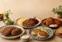 Regional kotleti served with buckwheat, mashed potatoes, beet salad, cabbage, herbs and traditional sauces