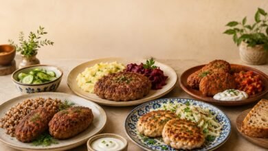 Regional kotleti served with buckwheat, mashed potatoes, beet salad, cabbage, herbs and traditional sauces