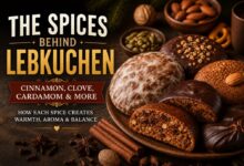 German Lebkuchen with cinnamon sticks, cloves, cardamom, star anise, nutmeg, almonds and candied orange peel
