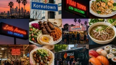 Los Angeles food guide collage with Koreatown, Thai Town, Little Armenia, East LA tacos, Japanese food, markets and food trucks