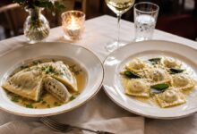 Maultaschen vs Ravioli: Shape, Filling, Dough and Serving Differences 9 Swabian Maultaschen served in clear broth beside Italian ravioli with browned butter sage and cheese