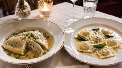 Swabian Maultaschen served in clear broth beside Italian ravioli with browned butter sage and cheese