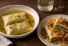 Swabian Maultaschen served in clear broth beside pan-fried Maultaschen with golden onions