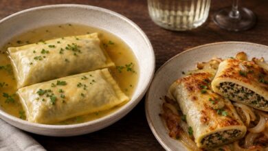 Maultaschen in Broth vs Fried: Taste, Texture and Serving Differences 11 Swabian Maultaschen served in clear broth beside pan-fried Maultaschen with golden onions