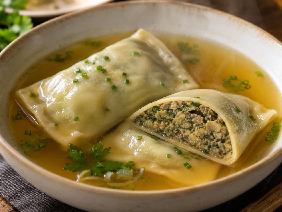 Whole and cut-open Maultaschen in clear broth showing intact seams and moist filling