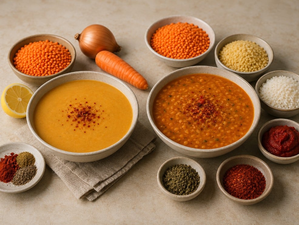 Mercimek Çorbası vs Ezogelin Soup: What Is the Difference? 2 Ingredients for mercimek çorbası and ezogelin soup including red lentils, bulgur, rice, tomato paste, mint and lemon