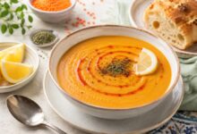 Mercimek Çorbası: Ingredients, Taste, Texture and Serving Styles 8 Traditional mercimek çorbası with red lentils, lemon, pepper oil, herbs and fresh bread