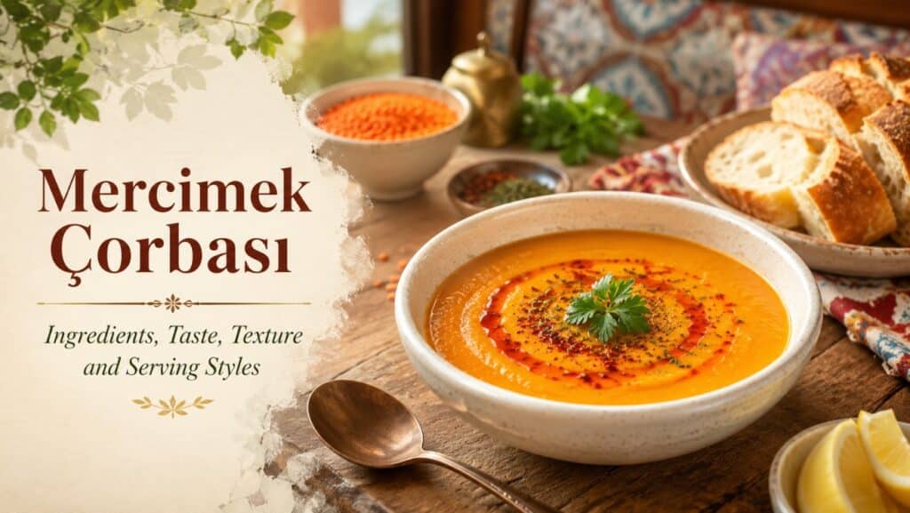 Mercimek çorbası article banner with Turkish lentil soup, red lentils, bread, lemon and spices