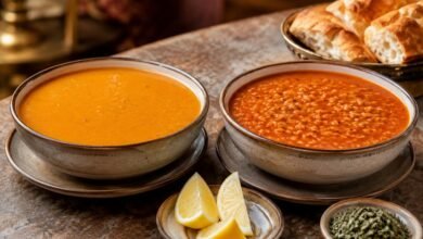 Mercimek Çorbası vs Ezogelin Soup: What Is the Difference? 4 Mercimek çorbası and ezogelin soup served side by side with lemon, dried mint and Turkish bread