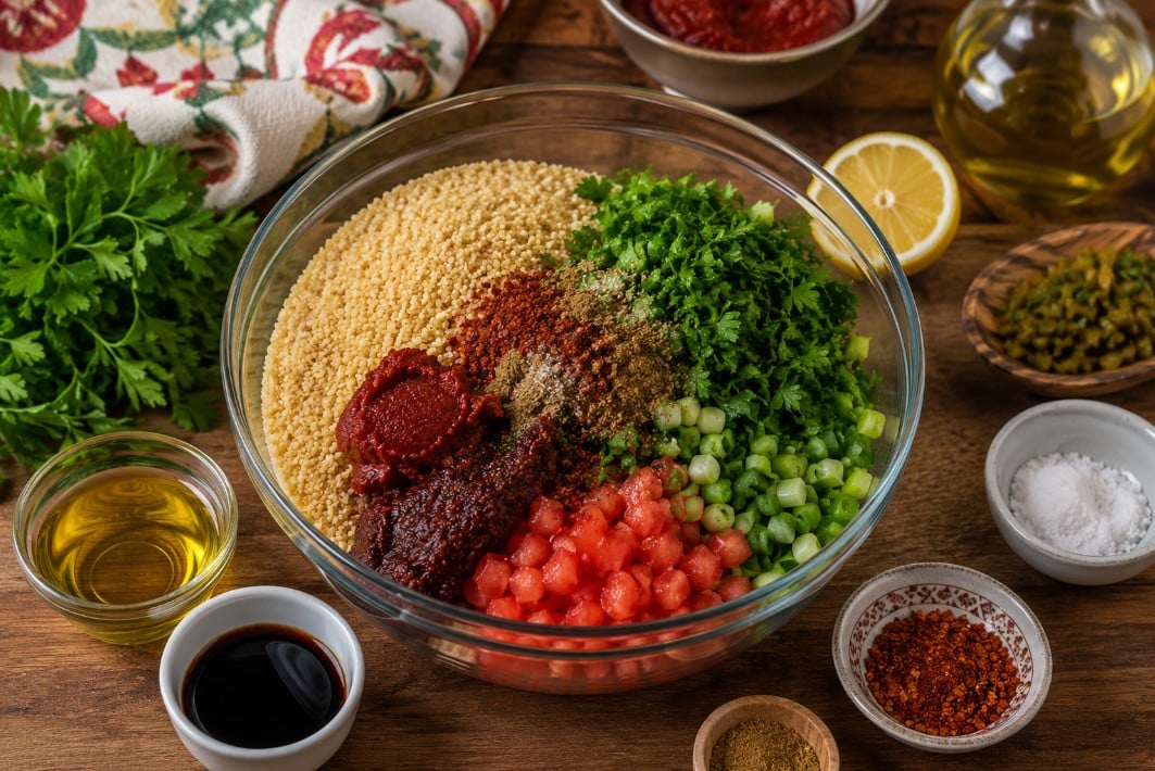 Fine bulgur being mixed with paste, herbs and vegetables for kisir