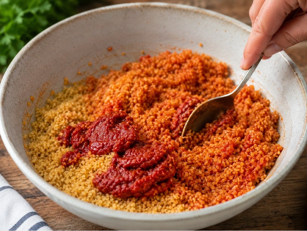 Red paste being mixed evenly into softened bulgur for kisir