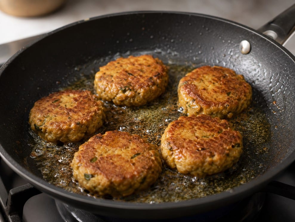 Shami kebab patties browning in a frying pan