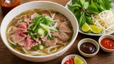 Pho: Broth Styles, Noodles and What to Order First 14 Vietnamese pho with aromatic broth, flat rice noodles, sliced beef, scallions and fresh herbs