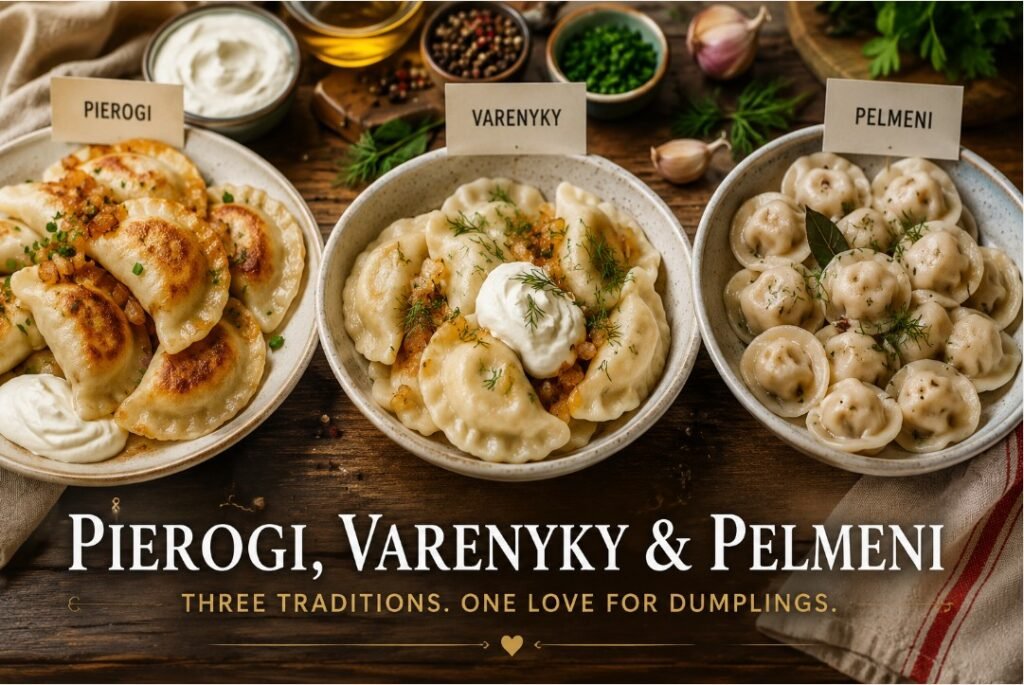 Pierogi, Varenyky and Pelmeni: What Is the Difference? 2 Three bowls labeled pierogi, varenyky and pelmeni on a traditional Eastern European table