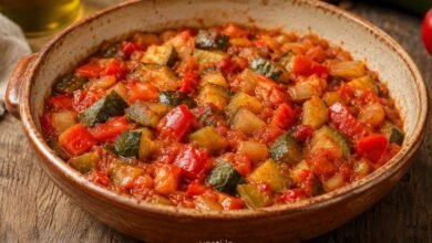 Traditional pisto manchego with tomatoes, peppers, zucchini and onions