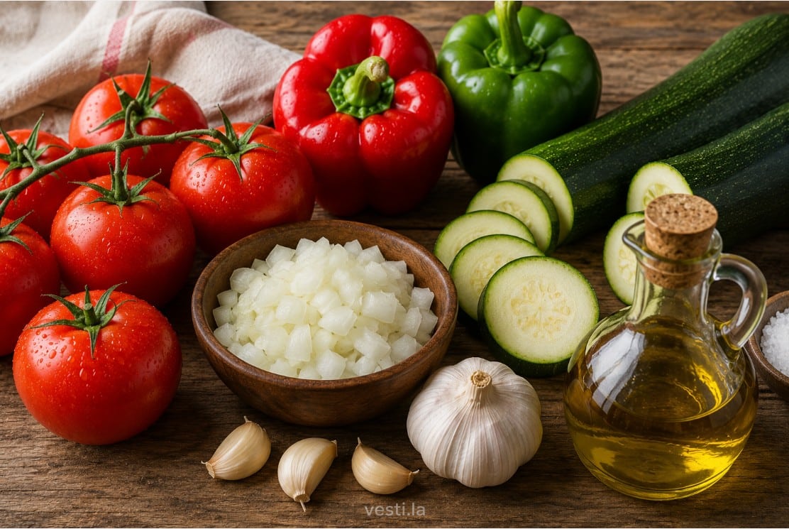 Tomatoes, peppers, zucchini, onion, garlic and olive oil for pisto manchego
