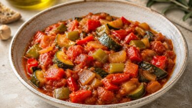 Pisto manchego with tomato, zucchini, peppers and onion cooked in olive oil
