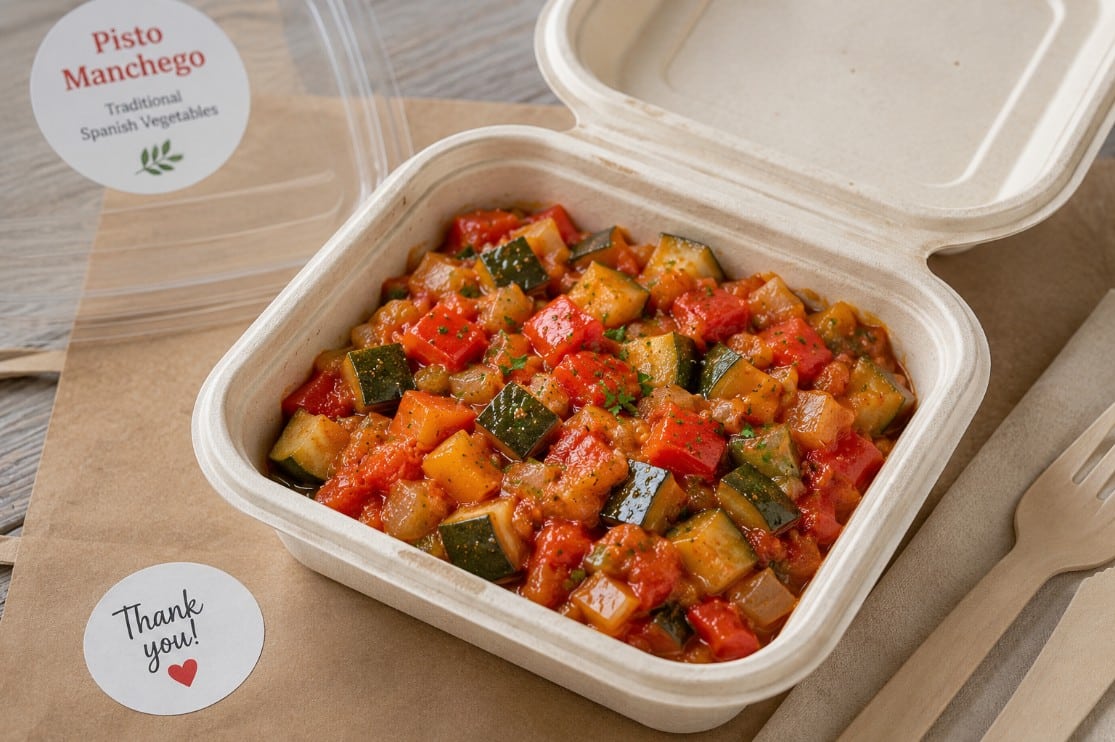 Pisto manchego packed neatly for takeout and delivery