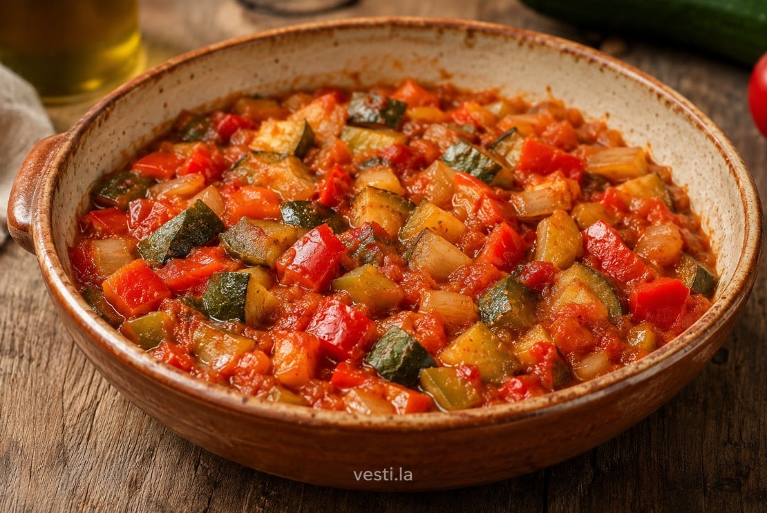Tender visible vegetable pieces in properly cooked pisto manchego