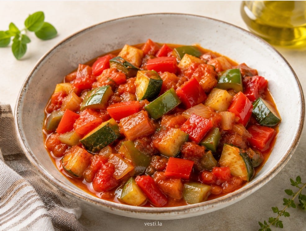 Pisto manchego made with tomato, zucchini, peppers, onion and olive oil