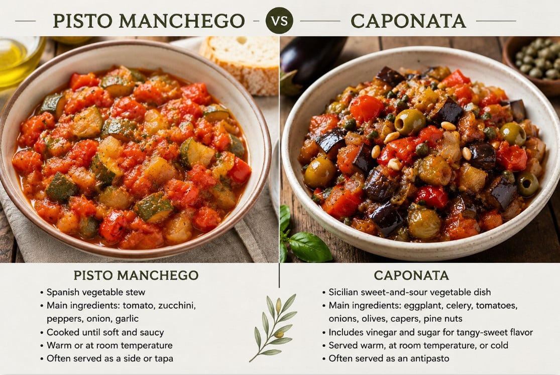 Pisto manchego compared with Sicilian caponata