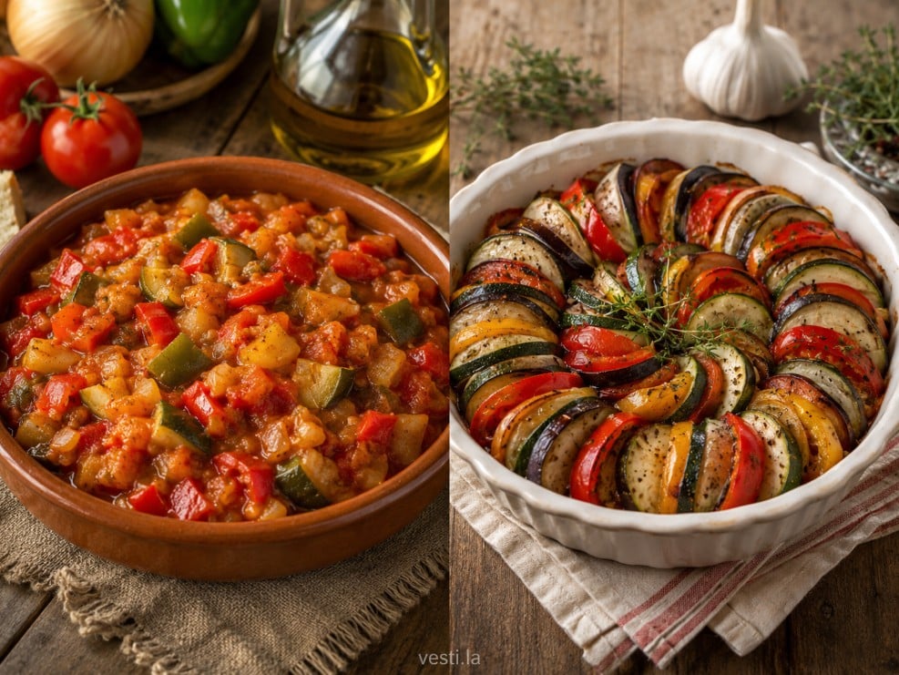 Pisto manchego and French ratatouille shown as separate vegetable dishes