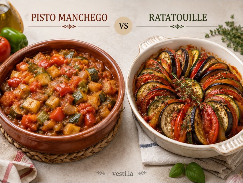Pisto manchego compared with French ratatouille in separate servings