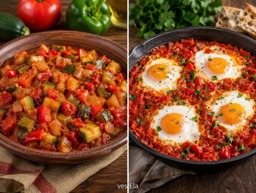 Vegetable-centered pisto manchego compared with egg-centered shakshuka