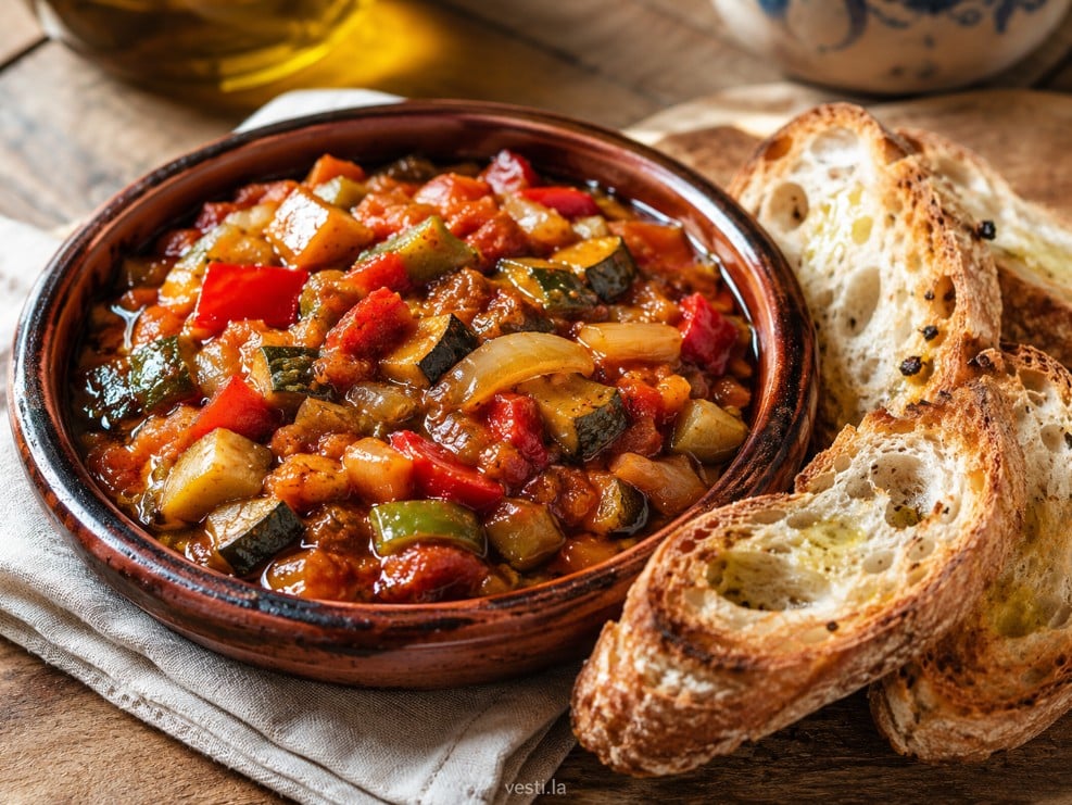 Pisto manchego served with crusty bread and garlic crostini