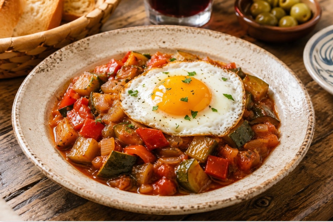 Pisto manchego served with fried egg and quail eggs