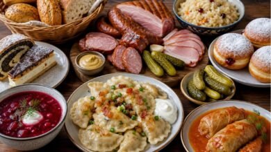 Polish food spread with pierogi, kielbasa, stuffed cabbage, beet soup, pickles, bread and pastries