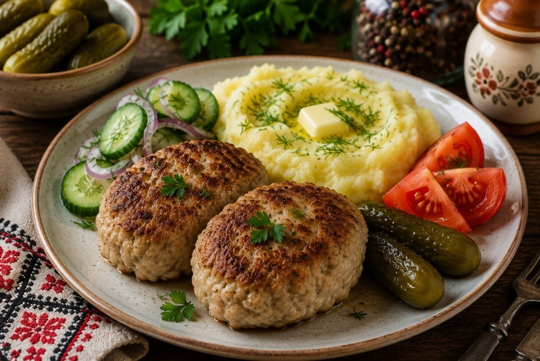 Kotlet, Kotleta, Kotlety or Kotleti: What Do These Words Mean? 8 Russian chicken kotleti with mashed potatoes and pickles