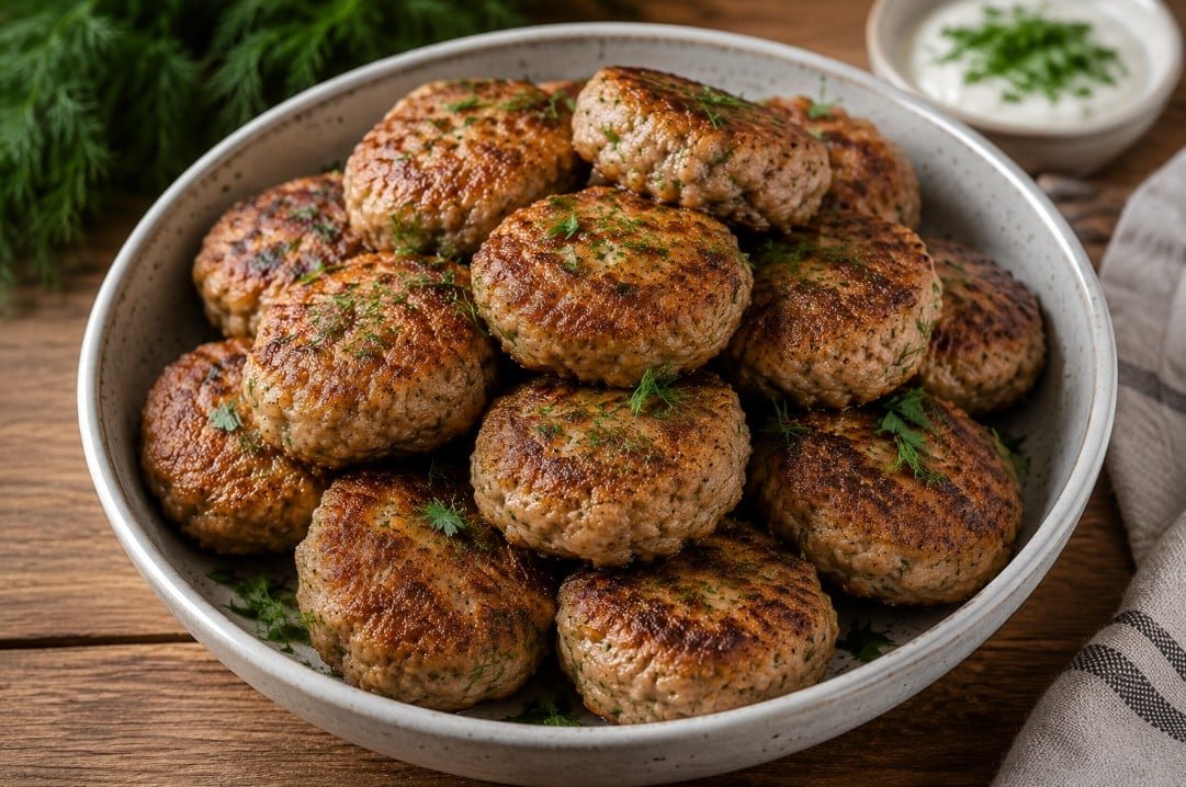 Russian fish kotleti served as a family-style meal