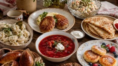 Table with borscht, pelmeni, kotleti, blini, Olivier salad, syrniki, pirozhki and rye bread