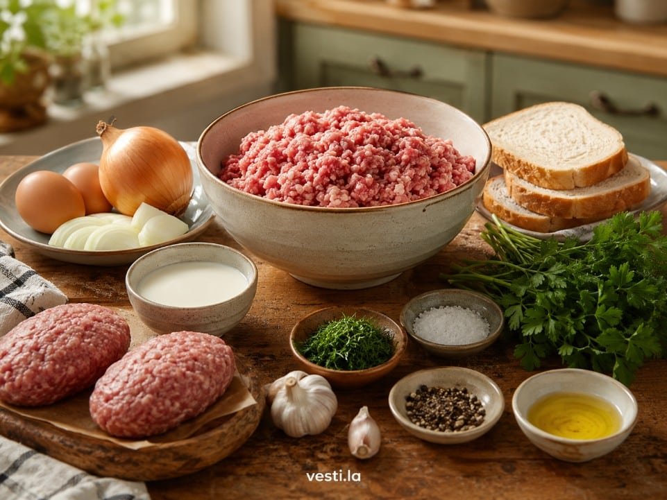 Ground meat, bread, onion and seasonings used for homemade Russian kotleti