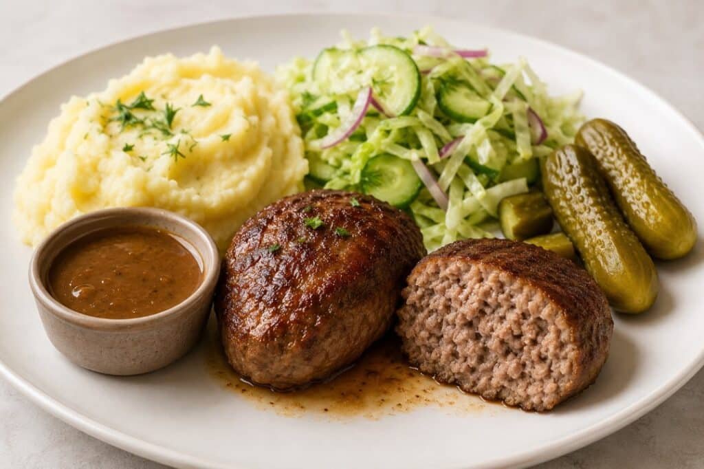How to Order Russian Kotleti at a Restaurant, Deli or Market 2 Two Russian kotleti served with buckwheat, cabbage and cucumber salad and pickles on a restaurant plate
