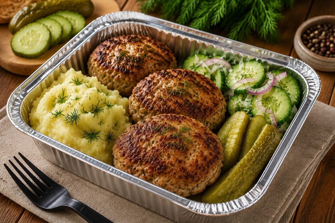 Russian kotleti takeout meal with mashed potatoes and pickles