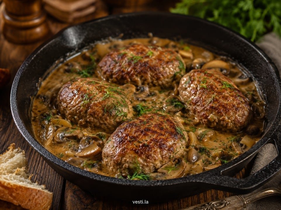Russian kotleti with mushroom gravy in a cast-iron skillet