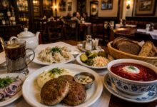 Russian restaurant table with kotleti, borscht, pelmeni, pickles, dark bread and tea