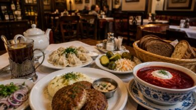 Russian restaurant table with kotleti, borscht, pelmeni, pickles, dark bread and tea