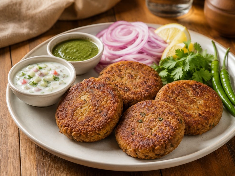 Shami kebab with chutney, onion, lemon, raita and bread