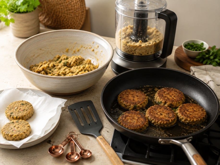 Shami Kebab Essentials: What to Buy for Better Homemade Kebabs 7 Shami kebab frying in a skillet with practical kitchen tools nearby