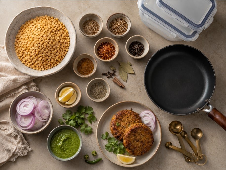 Shami kebab ingredients, spices, cookware, chutneys and storage supplies